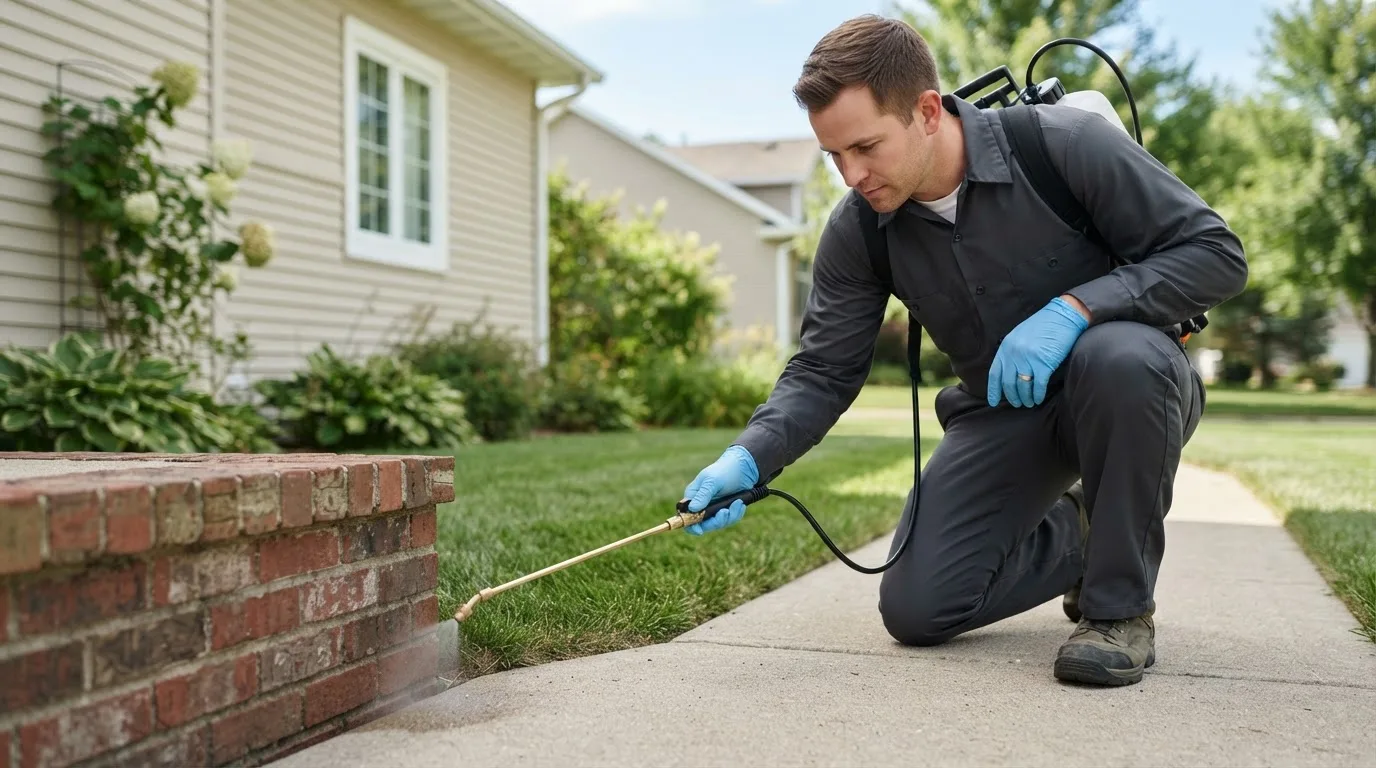 Pest control technician treating a home near Bargersville, IN