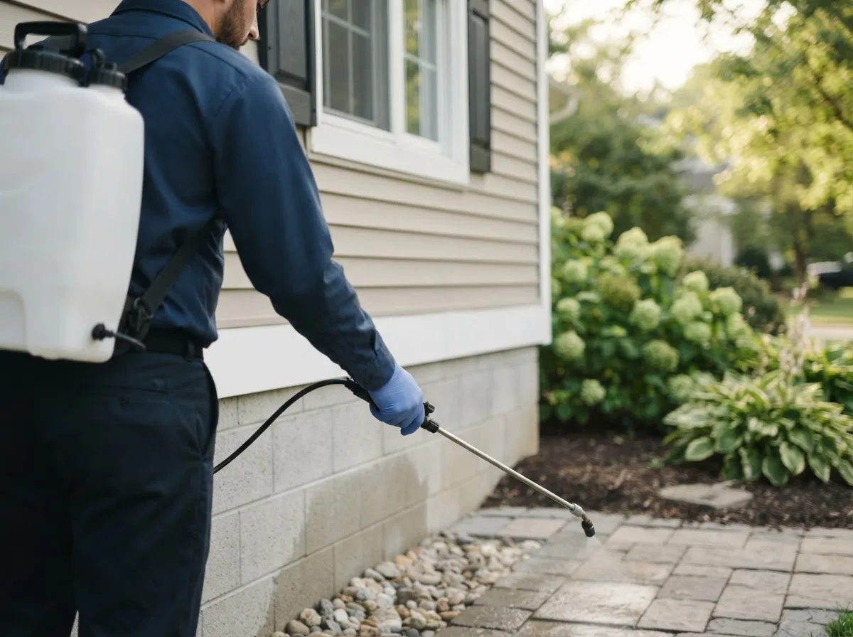 Pest control technician inspecting a home in Bargersville, IN